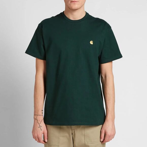 Men's Carhartt WIP Chase T-Shirt Bottle Green/Gold Size Small - Picture 1 of 2